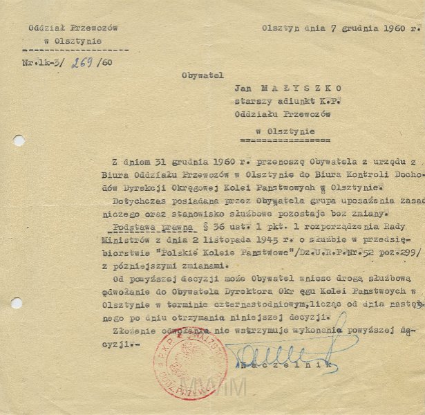 KKE 5622.jpg - Dok. Pismo z Oddziału Przewozów w Olsztynie dla Jana Małyszko dotyczące przeniesienia zawodowego, Olsztyn, 7 XII 1960 r.